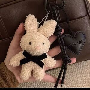 Cream Plush Bunny Keychain with Black Bow